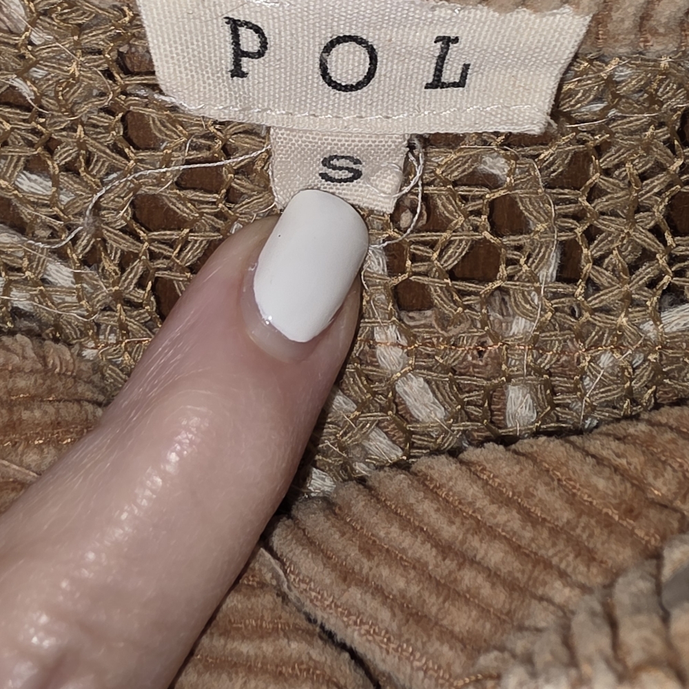 POL Corduroy Button-Down Shirt Jacket in Brown with Cream Embroidery - Picture 4 of 5